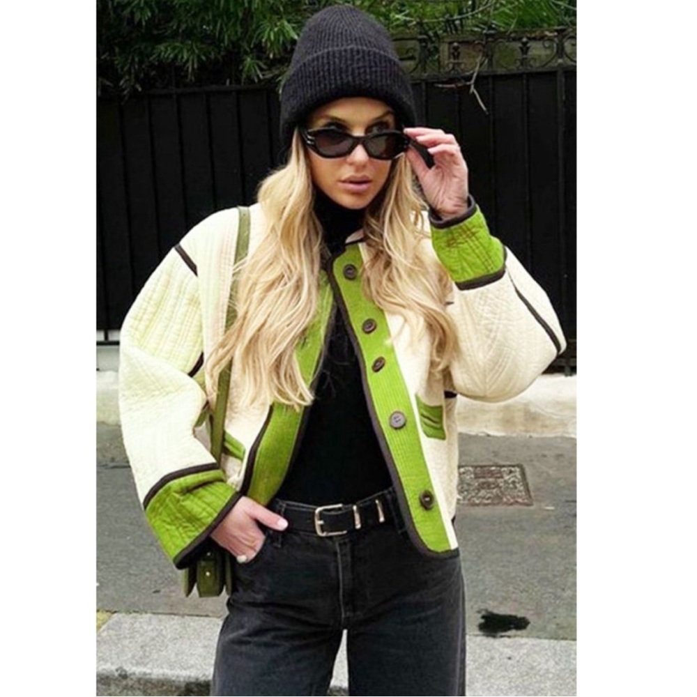 Fern Green Oversized Quilted Colorblock Button Up Coat.
